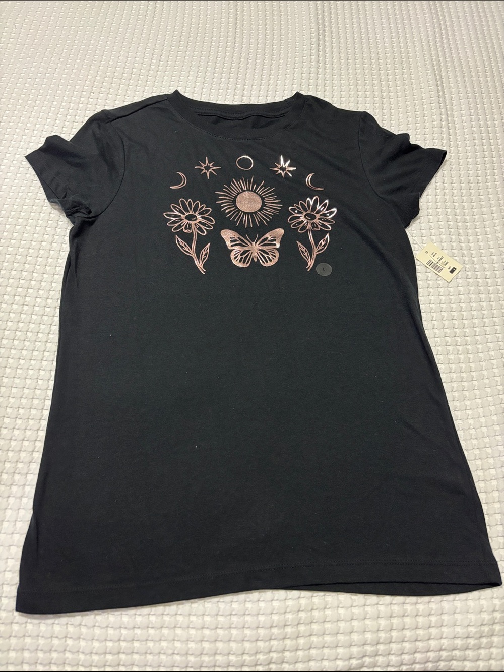Aeropostale Black Tee with Rose Gold Celestial Floral Graphic